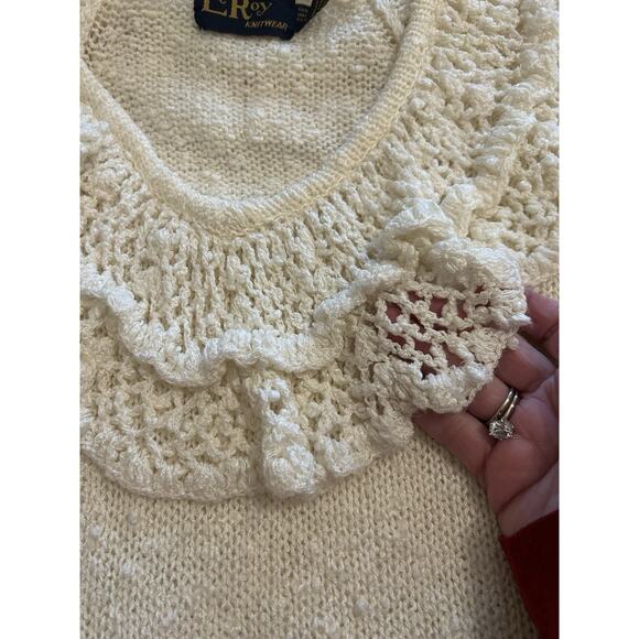 Vtg 80s LeRoy knitwear Ivory Sweater Sz Small Ruffle Crochet Cottagecore Frilly - Picture 8 of 13
